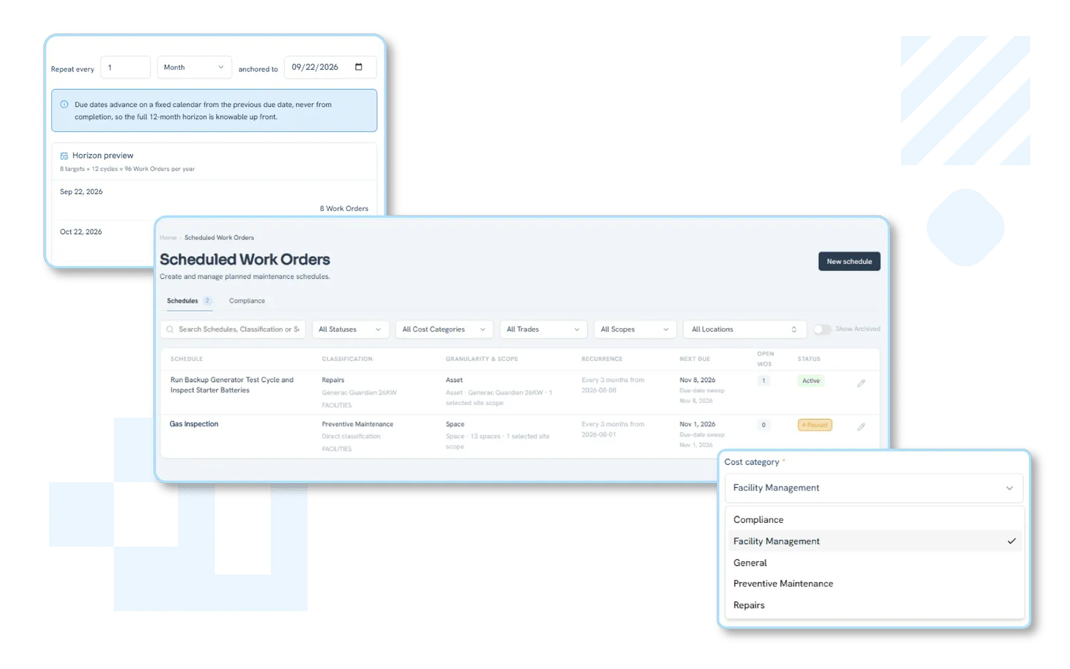 Screenshot of Fleet’s Scheduled Work Orders interface, showing a recurring monthly maintenance schedule, a list of scheduled work orders with recurrence and status columns, and a cost category selection menu.