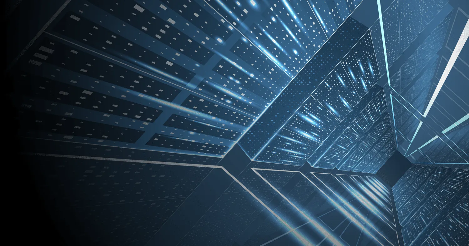 Abstract blue and cyan digital corridor of illuminated server racks, representing AI infrastructure
