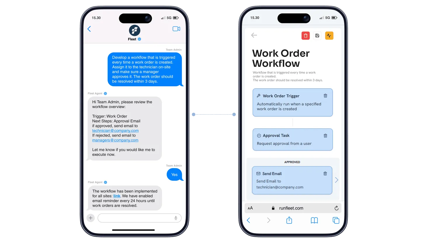 Fleet AI agent interface where users create work orders through chat, enabling automated workflows and intelligent property operations.