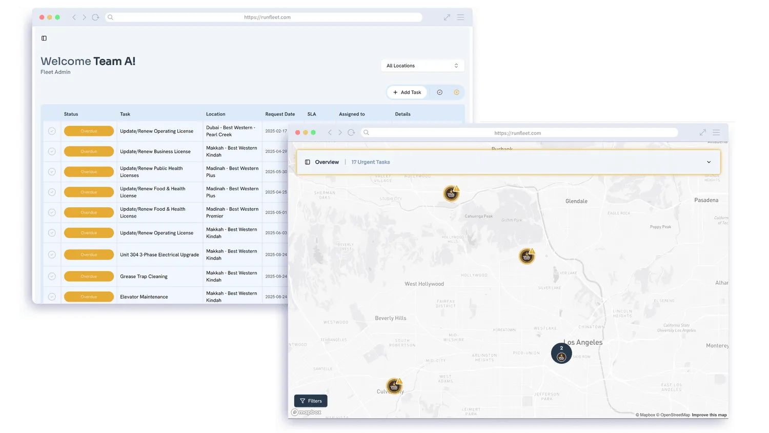 Fleet real-time operations dashboard displaying map views and task summaries for multi-site property and facilities management.