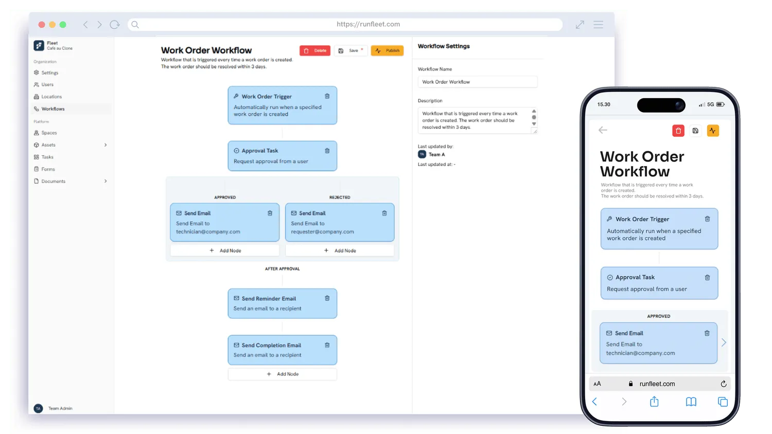 Fleet CMMS interface showing work order creation and automated workflows on both desktop and mobile for field technicians and managers.