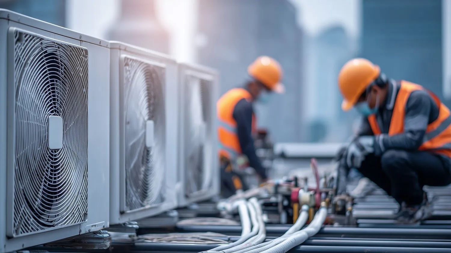 Two technicians performing HVAC and MEP preventive maintenance on a rooftop, representing essential asset upkeep managed through Fleet CMMS.