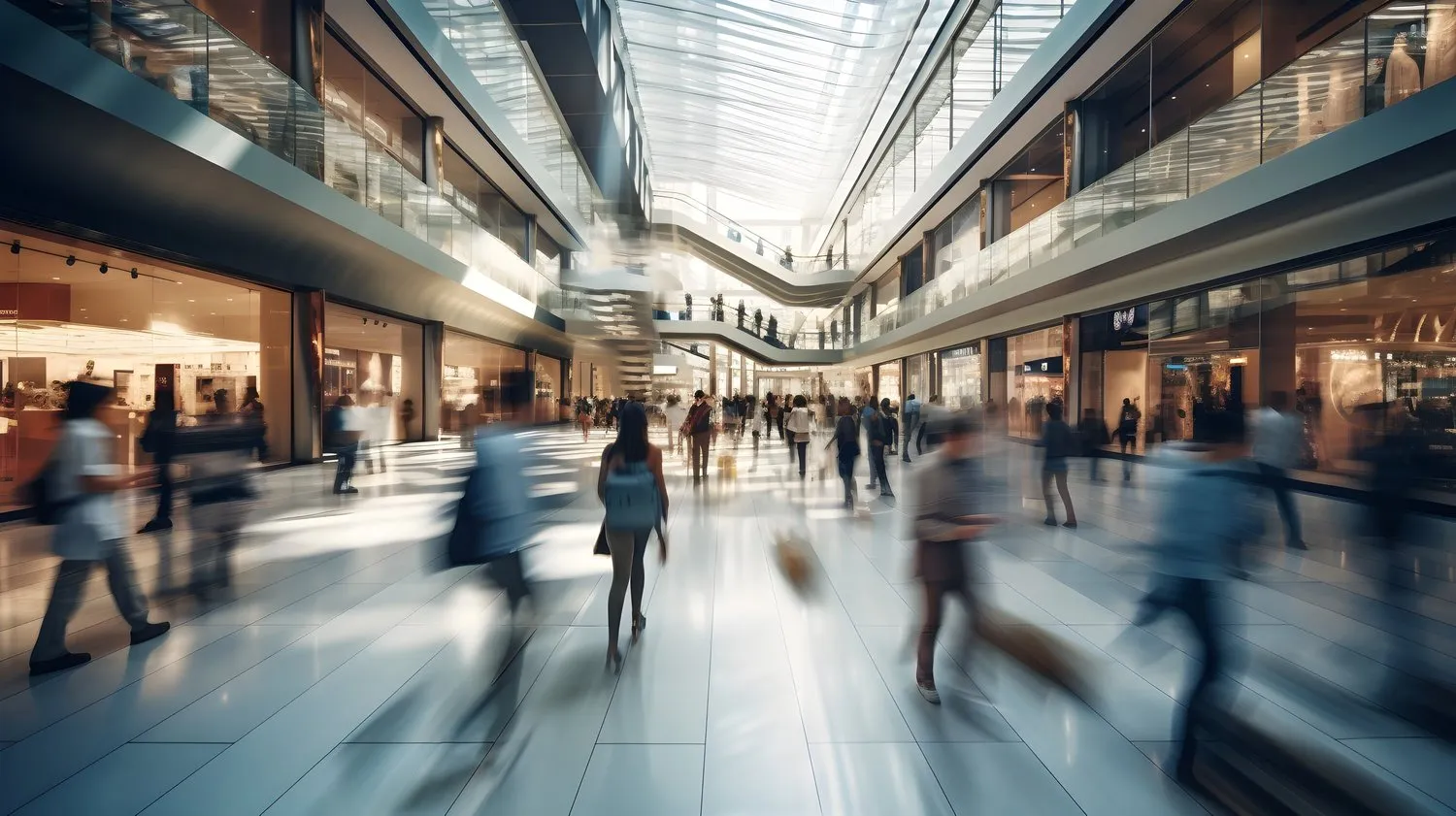 Mall interior with visitors walking through retail floors, illustrating foot traffic patterns and the need for unified mall operations and facilities management.